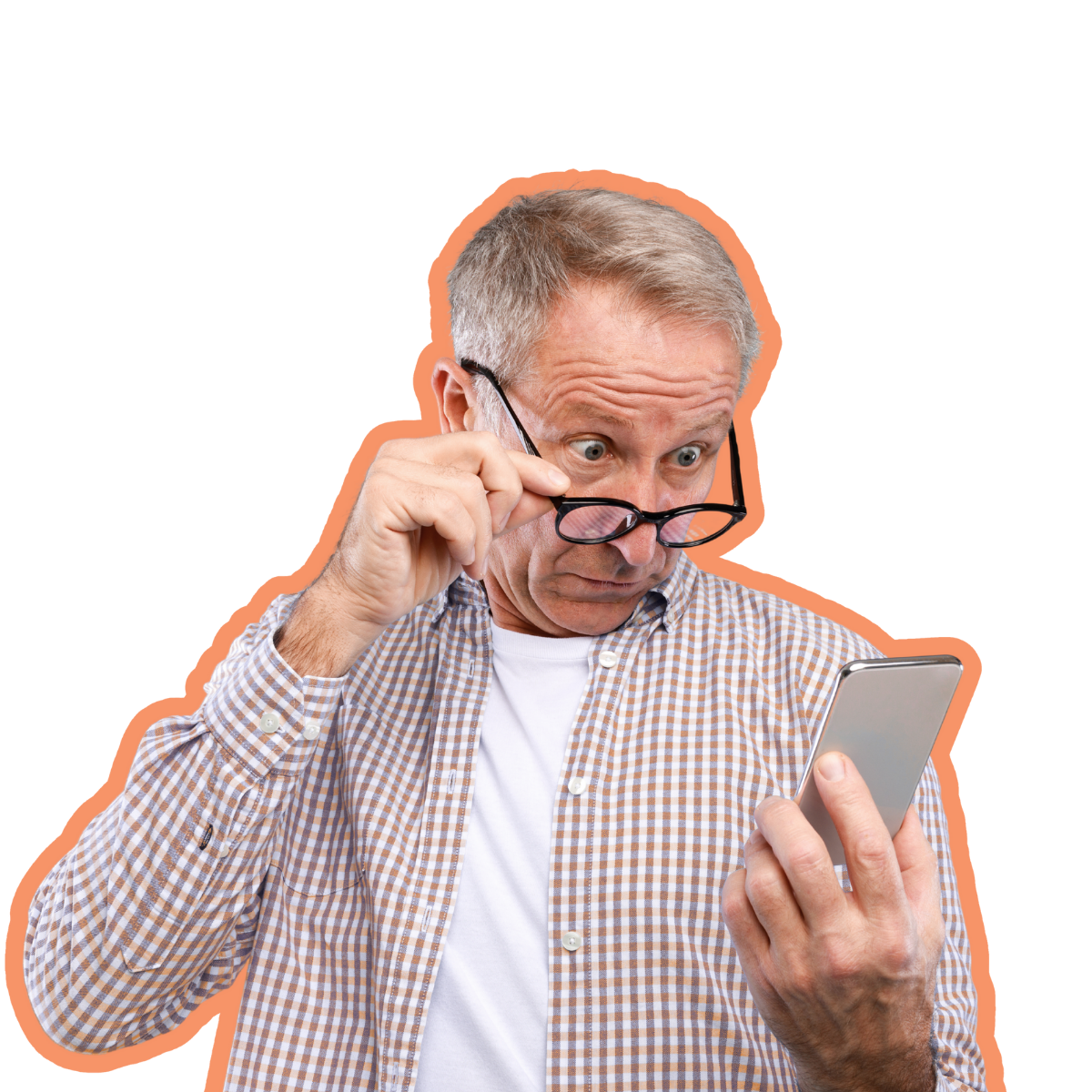 Homme senior regardant son smartphone avec un air surpris, illustrant la qualité de la plateforme CSE de VisionCSE