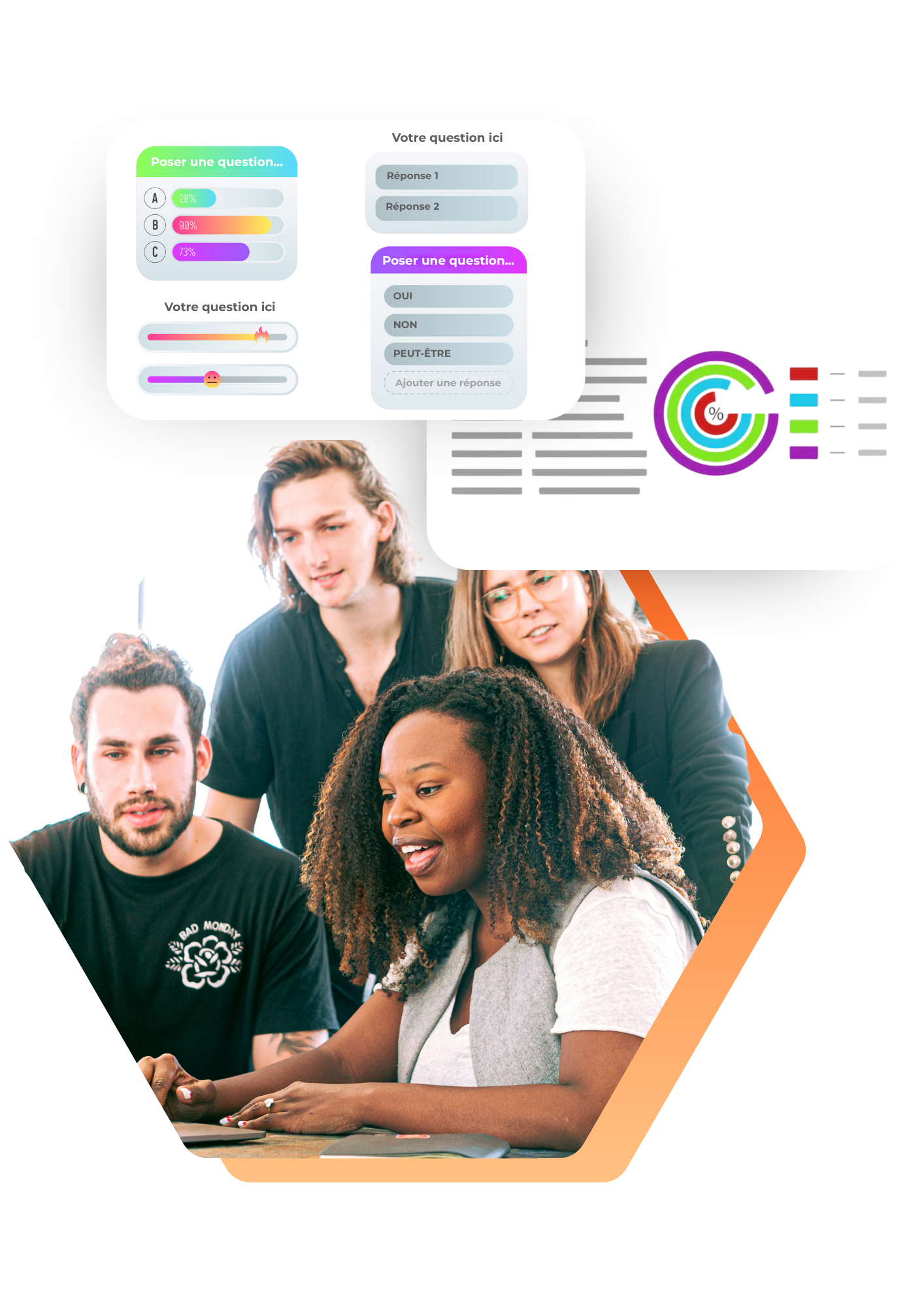 Équipe de jeunes collaborateurs travaillant sur ordinateur avec des tableaux de bord colorés, illustrant le pilotage de la plateforme CSE avec VisionCSE.