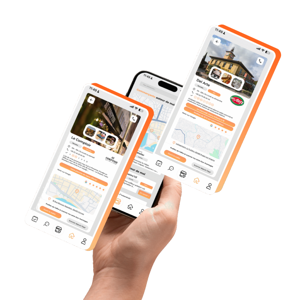Main tenant trois smartphones affichant la plateforme CSE conçue par VisionCSE avec des fiches commerçants détaillées.